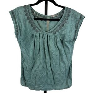 prAna Women's Size Small Teal Organic Cotton Embroidered Boho Cap Sleeve Top